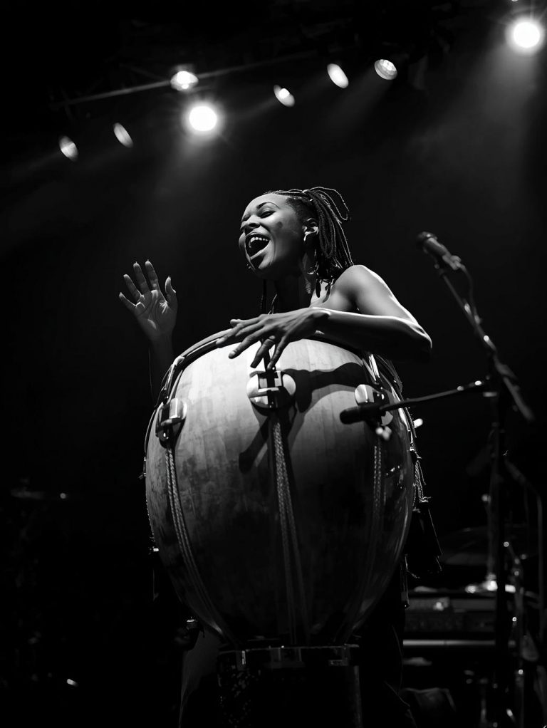 crea una imagen en blanco y negro de un un músico africano tocando percusión en un escenario